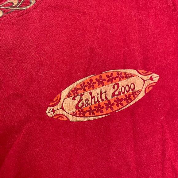 PACIFIC LINE Tahiti 2000 Large Red Hawaiian Shirt Y2K Dolphin Tribal Island - Picture 2 of 4